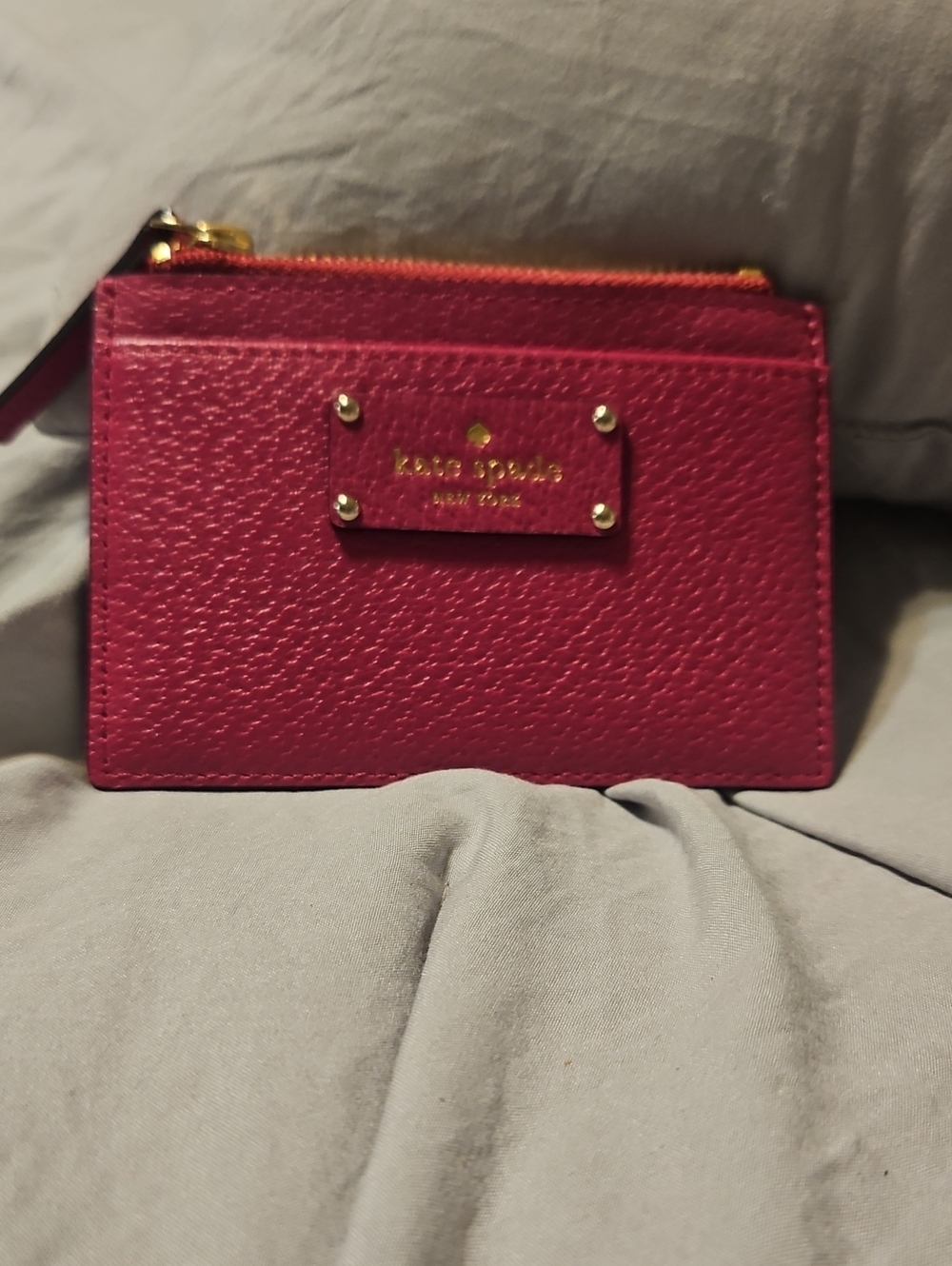 kate spade Hot Pink Leather Zip Card Case with Gold Hardware